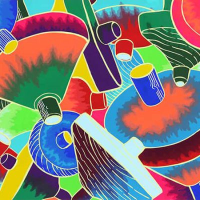 与えられたモチーフ(木独楽)を色々な角度から観察し、そこで発見した形を２つ以上用いて自由に色彩構成しなさい。