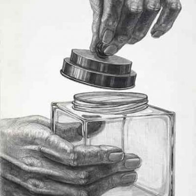 手と「ガラスの器（うつわ）」を想定してデッサンしなさい。