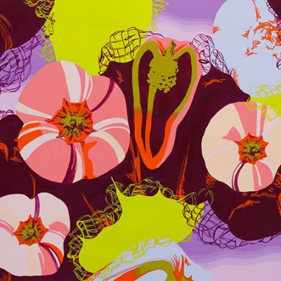 与えられたモチーフ(ピーマン・ネット)を観察し、その特徴と美しさを活かして、自由に色彩構成しなさい。