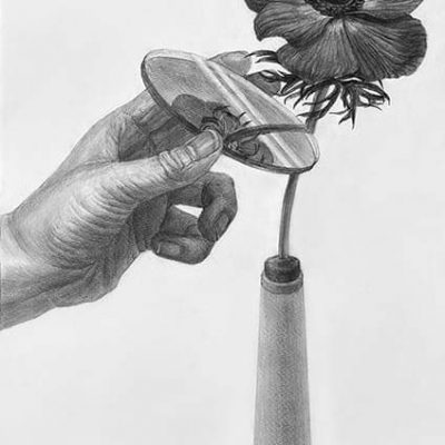 与えられたモチーフのうち一つを手に持ち、それ以外は机の上に配置し、鉛筆デッサンしなさい。