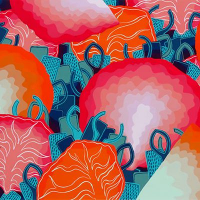 与えられたモチーフ(野菜・洗濯バサミ)を観察し、その特徴と美しさを活かして、自由に色彩構成しなさい。