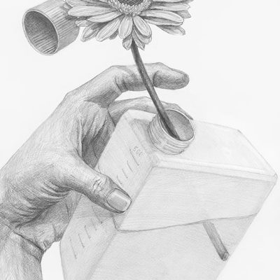 与えられたモチーフ(花・水の入った容器)と自分の手を用いて構成し鉛筆デッサンしなさい。