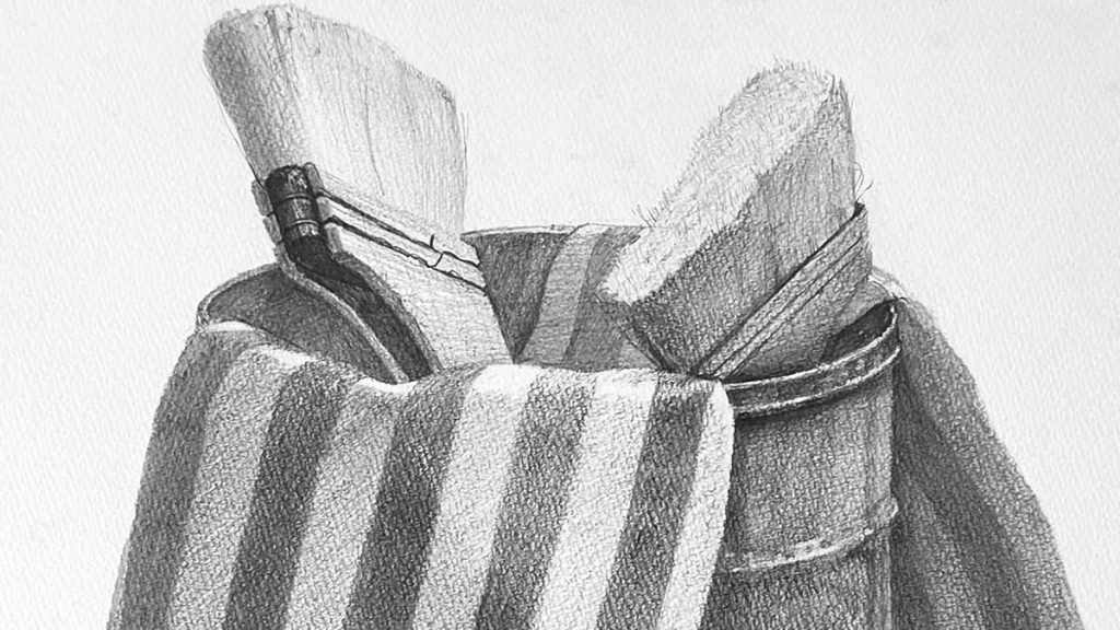布とテニスボールのある静物:質感は触り心地を感じながら描く