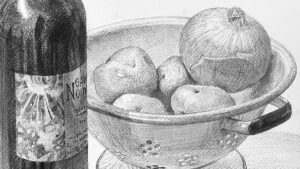 静物画 鉛筆画 『ガラスの容器と果物』 果物と野菜のある静物デッサン」制作プロセス