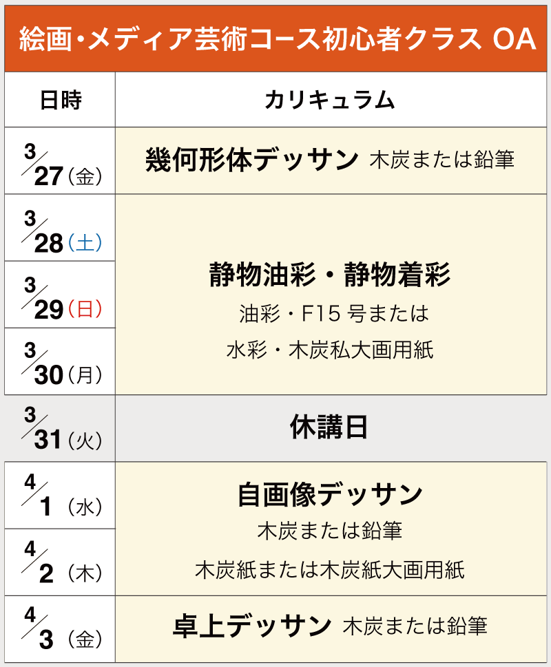 春期講習会カリキュラム表