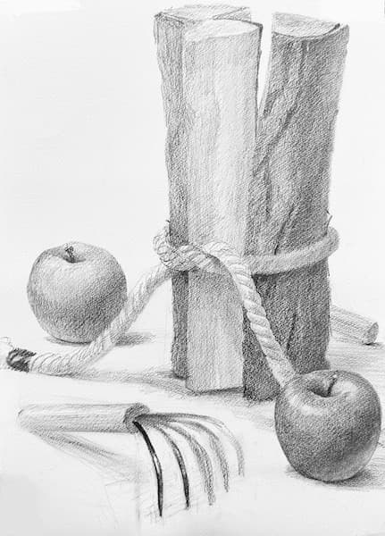 りんごと熊手デッサン3