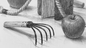 りんごと熊手のある静物 ― 制作プロセス