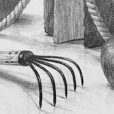 りんごと熊手のある静物 ― 制作プロセス