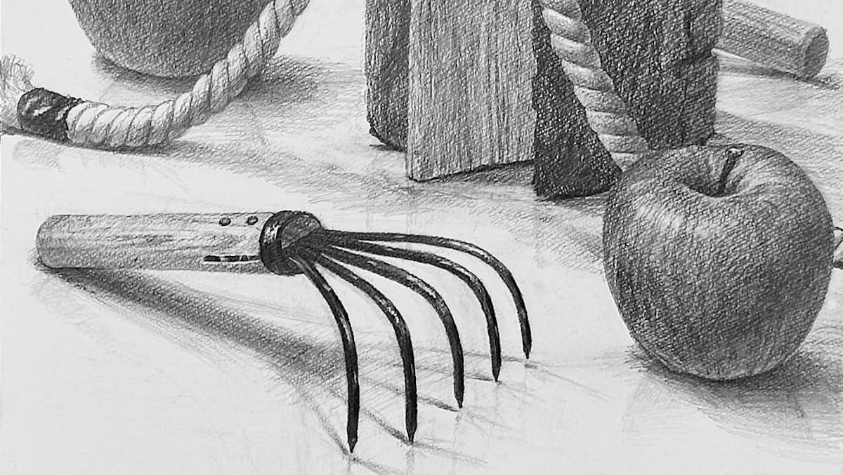 りんごと熊手のある静物 ― 制作プロセス