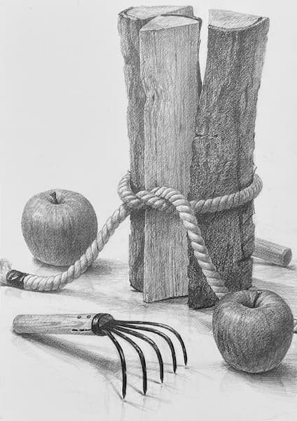 りんごと熊手デッサン4